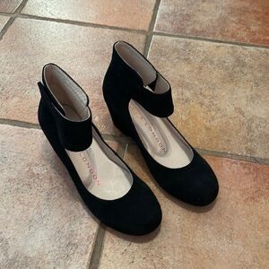 Sacha London hand made suede ankle strap Mary Jane wedge black